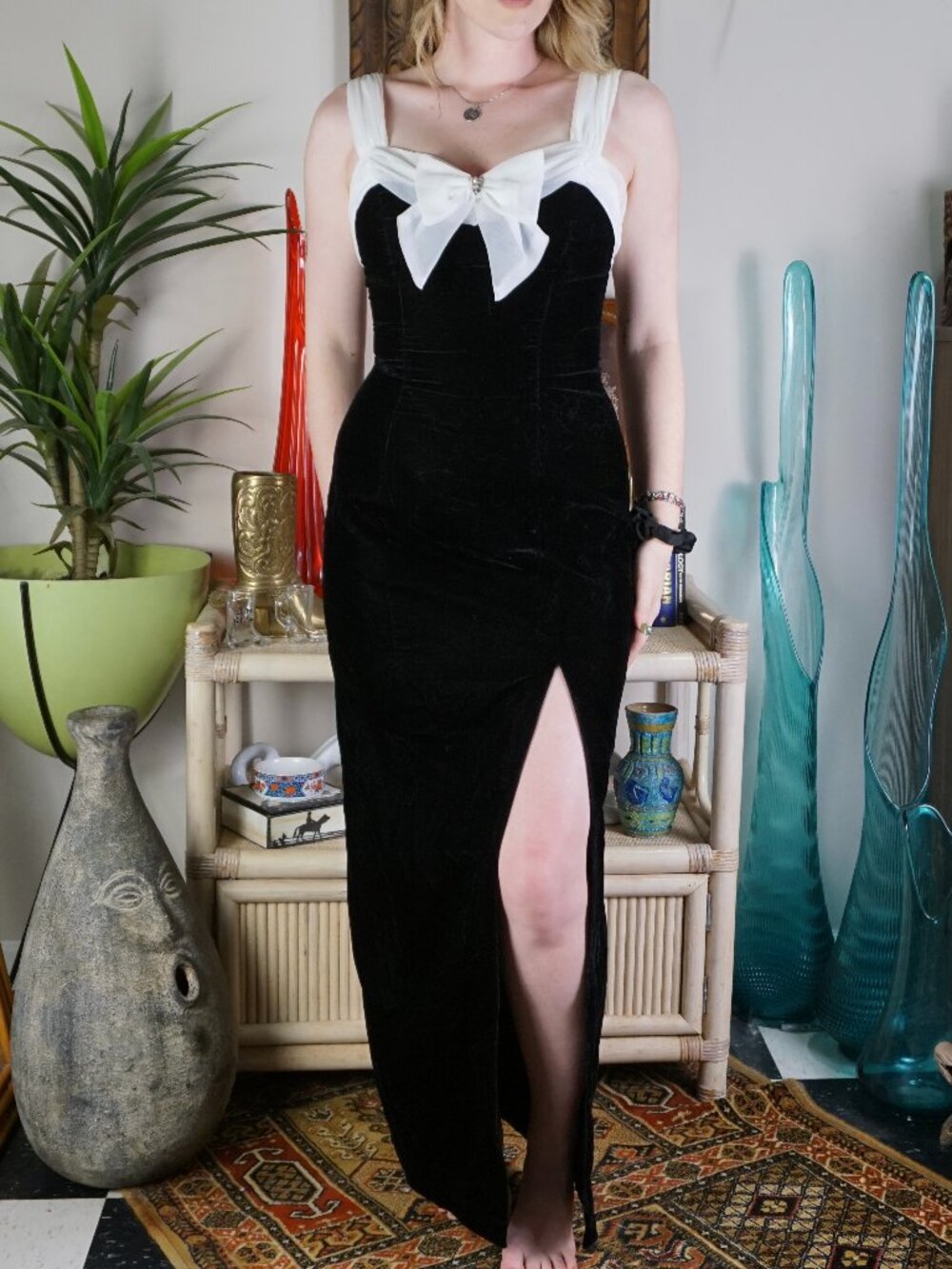 Vintage black velvet sexy maxi dress w/ bow formal
